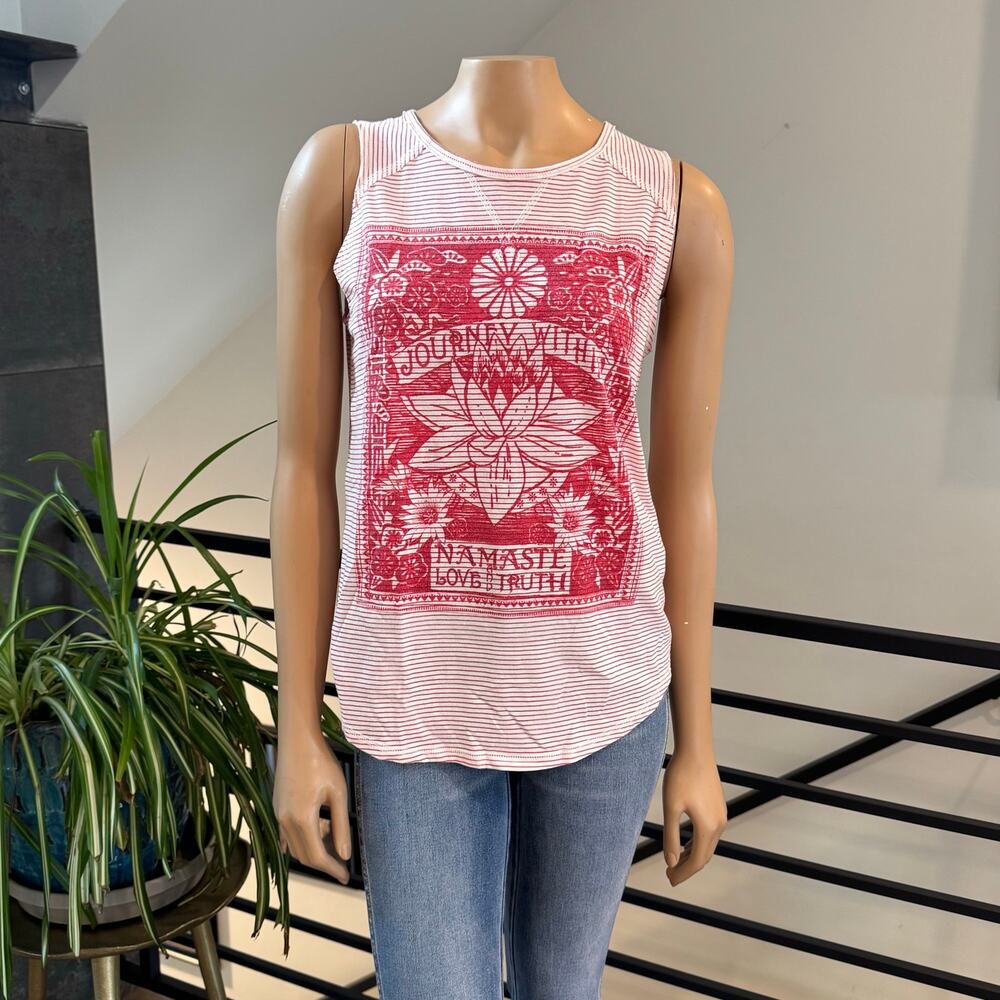 Lucky Brand Stripe Matchbox Graphic Tank Top Medium M Red White Namaste Yoga